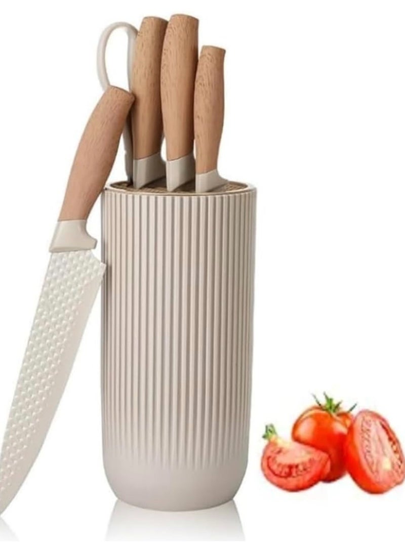 Kitchen Knife Set, 6-Pieces Khaki Sharp Knife Set for Kitchen, Non-stick Non-slip Stainless Steel Chef Knife Set with Universal Knife Block Suitable for Home Restaurant (Khaki) - Image 1